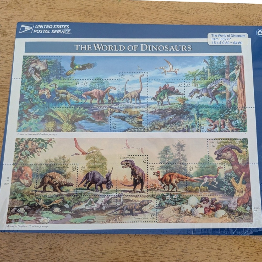 1996 USPS The World of Dinosaurs 32 Cent Stamp Sheet 15 Stamps Mint 5527P New